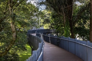 A curved wooden pathway with metal railings, surrounded by lush greenery and trees. - Glee Nairobi Hotel (Nairobi)