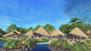 A resort with thatched-roof bungalows, a central pool, and lush greenery.