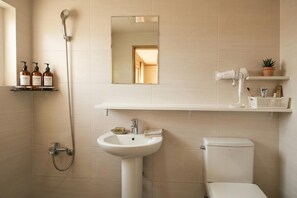 A bathroom with a shower, sink, toilet, and a mirror above the sink. - Ara Guesthouse (Busan)