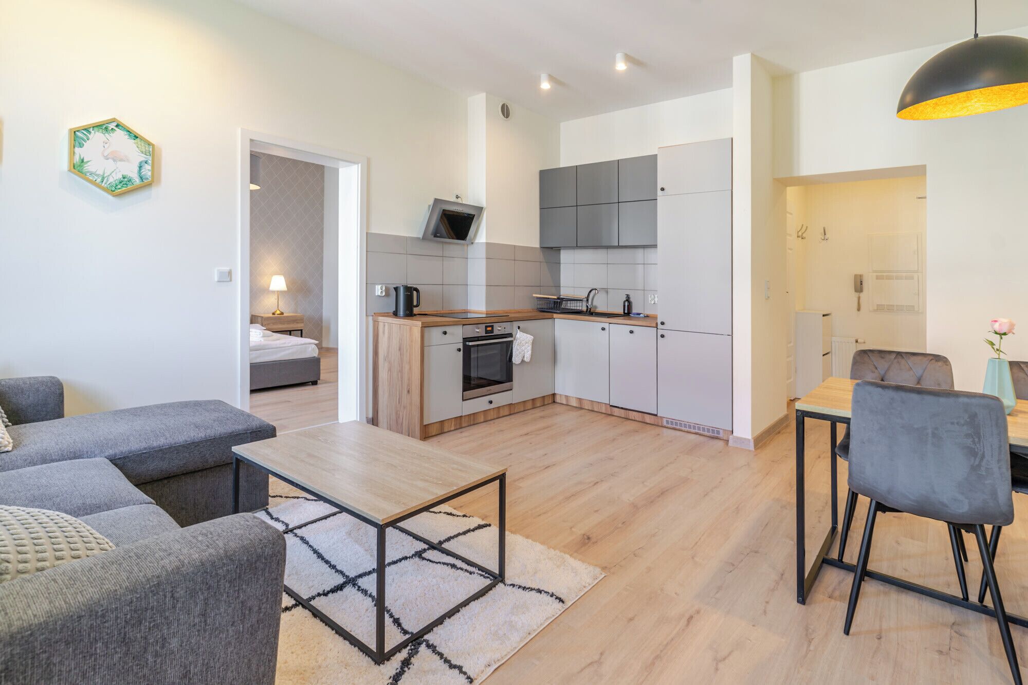 Un appartement moderne comprenant un espace de vie, une kitchenette et un coin repas.