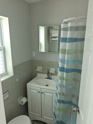 A bathroom with a toilet, sink, and shower curtain. - Beautiful 1-bedroom condo with AC in charming Madeira Beach (Madeira Beach)