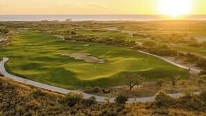 En golfbana med tydliga gångvägar, sandbunkrar och en flagga på greenen.