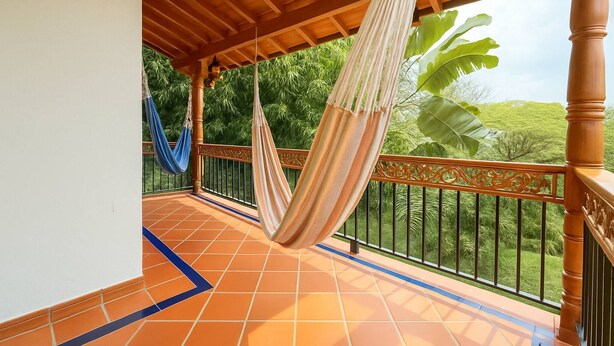 A covered balcony with a hammock, tiled flooring, and a view of greenery.