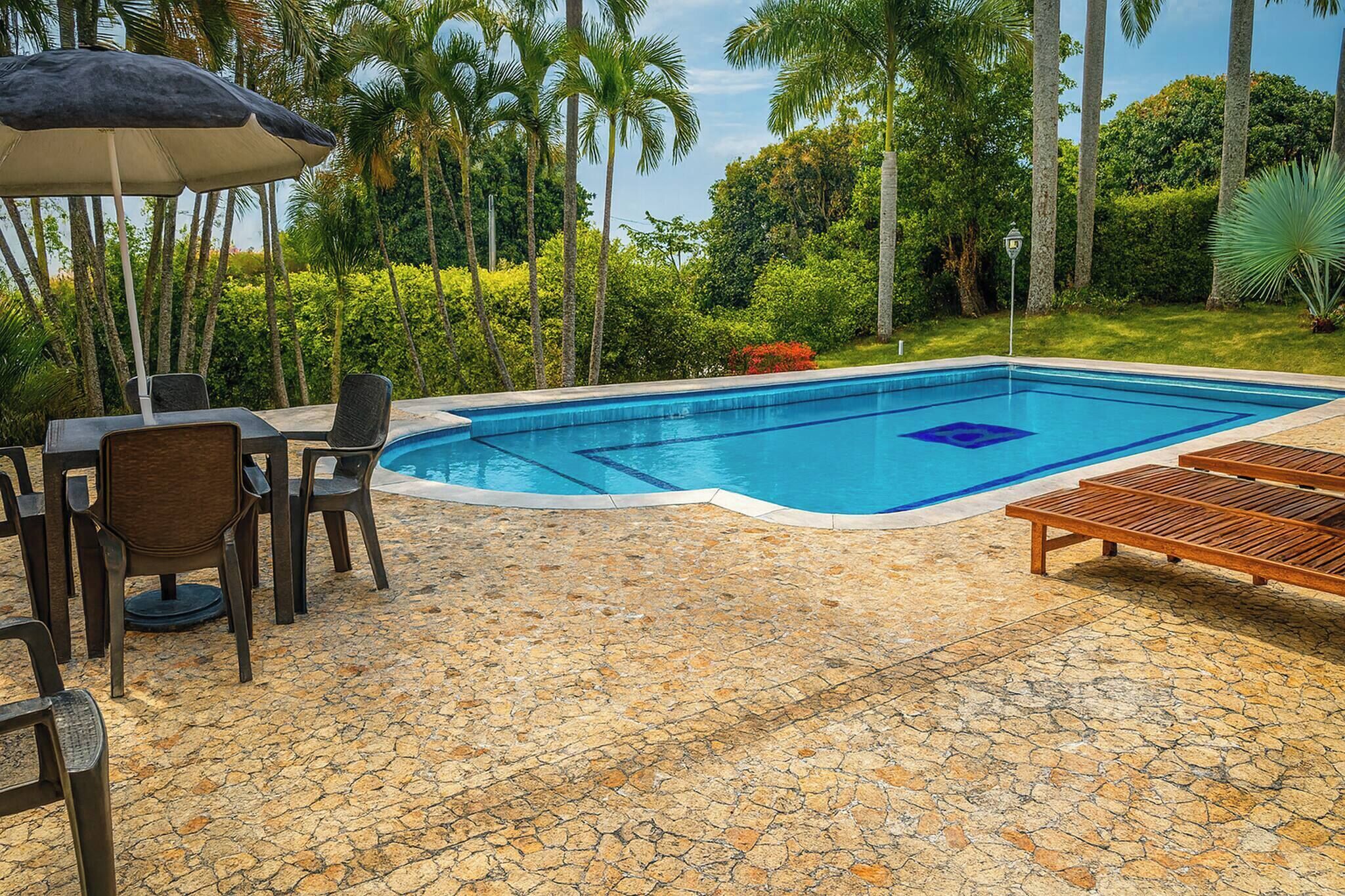 Una piscina con solárium de baldosas, rodeada de palmeras y follaje.