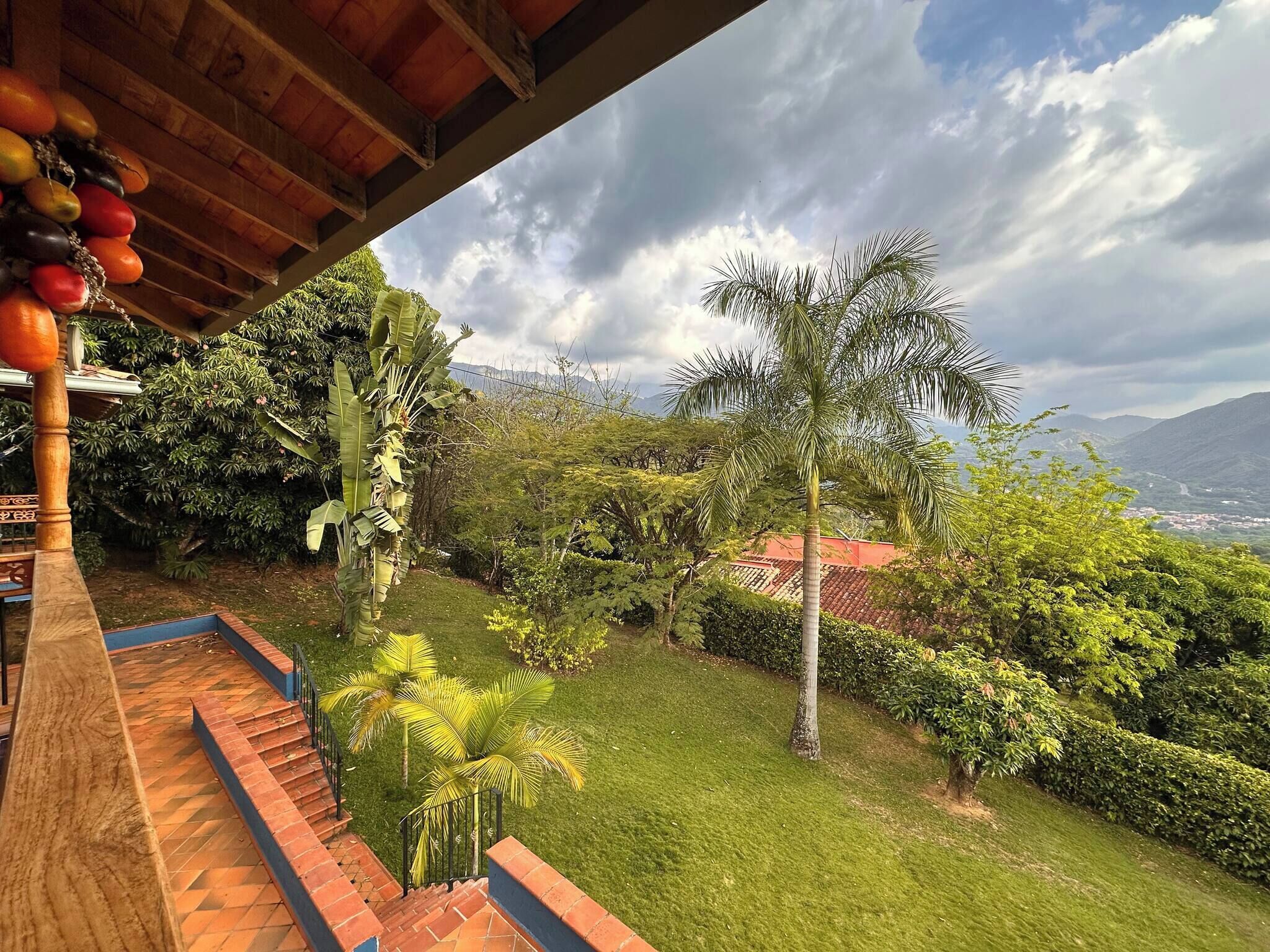 Un jardí exuberant amb una varietat de plantes i una vista despejada de les muntanyes llunyanes.