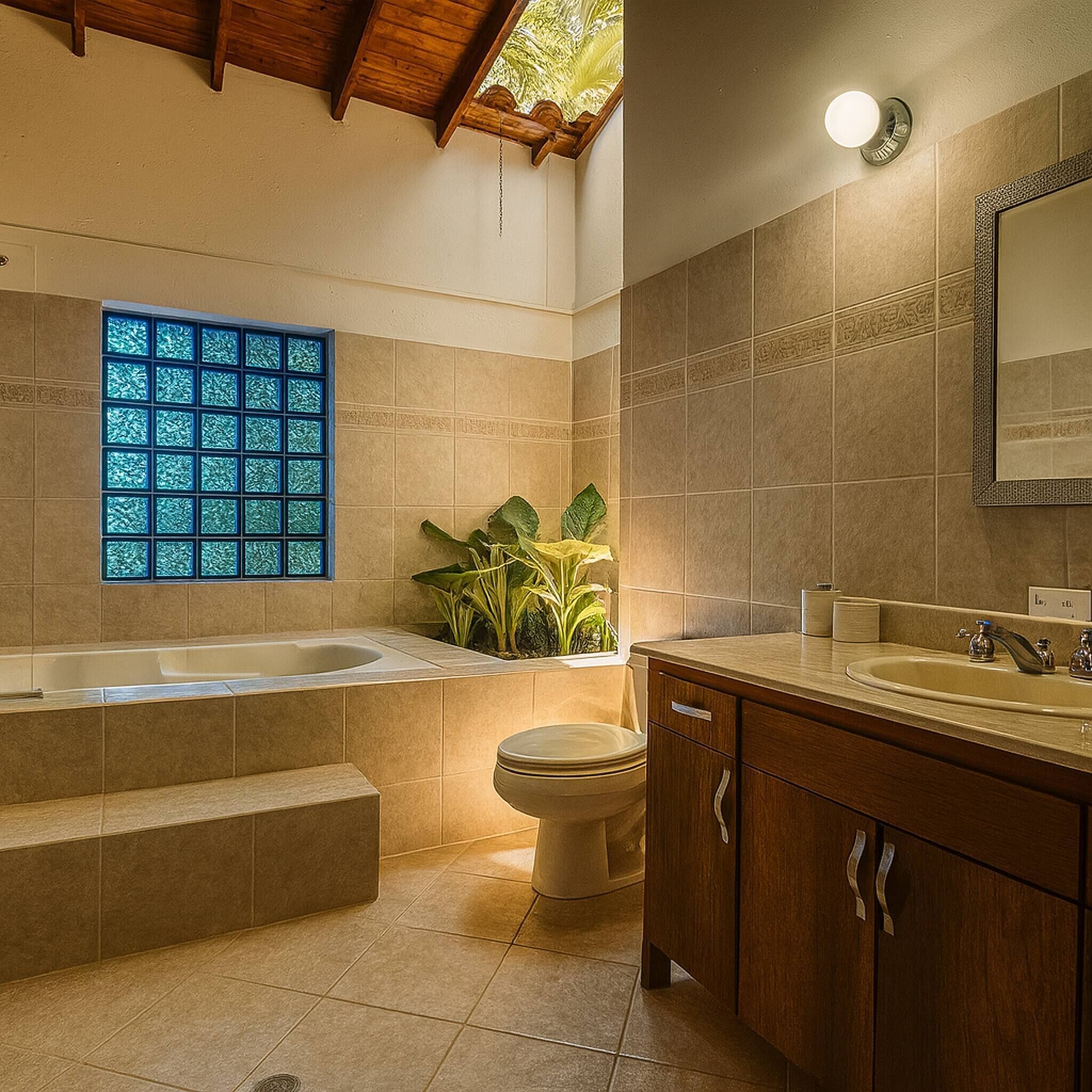 Ein Badezimmer mit Badewanne, Toilette, Waschbecken und einem Fenster mit Blick.
