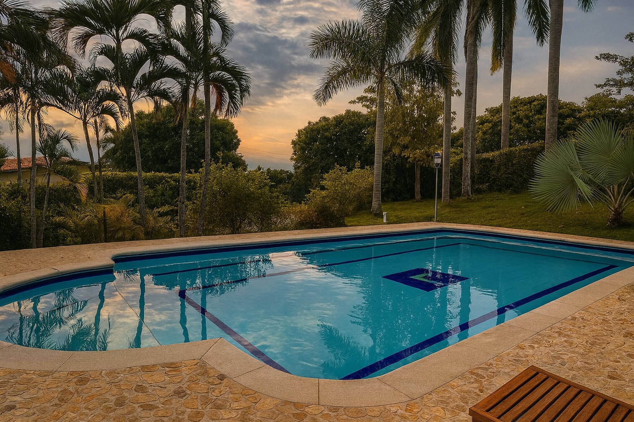 A rectangular swimming pool with clear blue water, surrounded by a stone deck and palm trees.