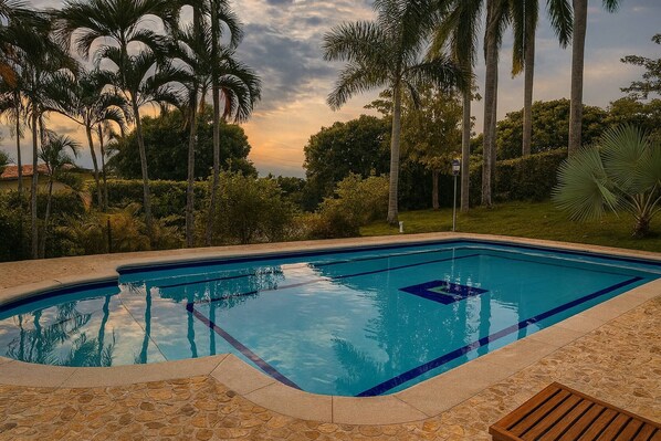 A rectangular swimming pool with clear blue water, surrounded by a stone deck and palm trees.