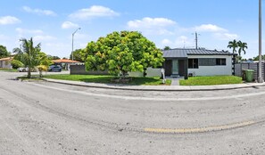 A residential street with a modern house, a mailbox, and a palm tree. - Mango Tree House (Hialeah)