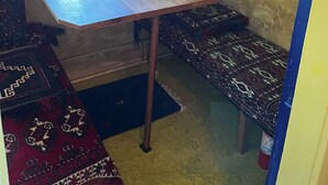 A corner room with a window, a small table with a plant, a patterned rug, and a bench. - Art filled 1908 house in Columbia City, close to Light Rail. Cozy, relaxing, fun (Seattle)