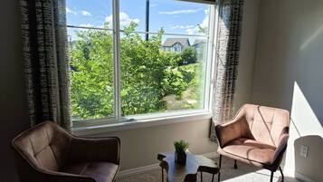 A room with two leather armchairs, a small table with a plant, and a large window with curtains.