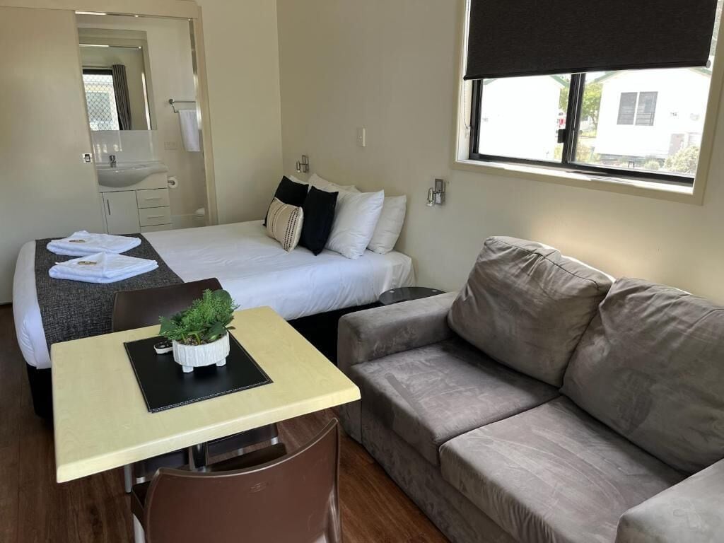 Et hotelværelse med en seng, en sofa, et lille bord med en plante og et vindue.