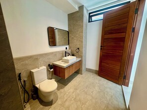 Shower, hair dryer, bidet, towels
