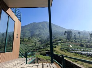 Una terraza de madera con barandilla metálica que da a un paisaje montañoso con campos en terrazas.