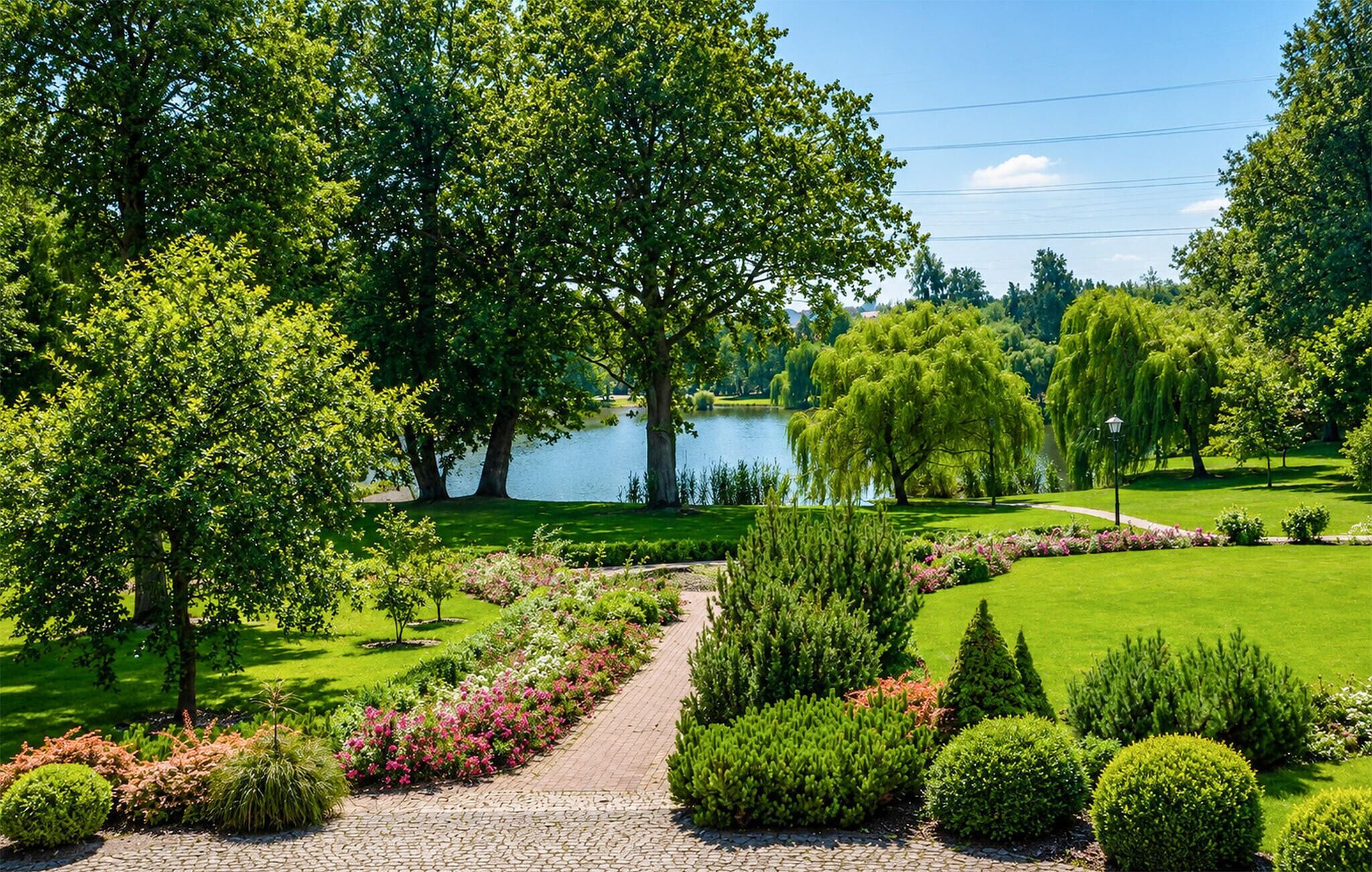 A well-maintained garden with a variety of trees, a pathway, and a body of water.