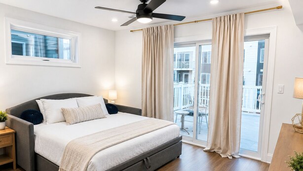 Et soveværelse med en seng, sengeborde, ventilator og udsigt til en balkon.
