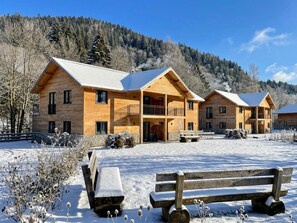 Un chalet en bois comprenant plusieurs pièces, un espace extérieur couvert avec des sièges, et un paysage enneigé avec des arbres en arrière-plan.