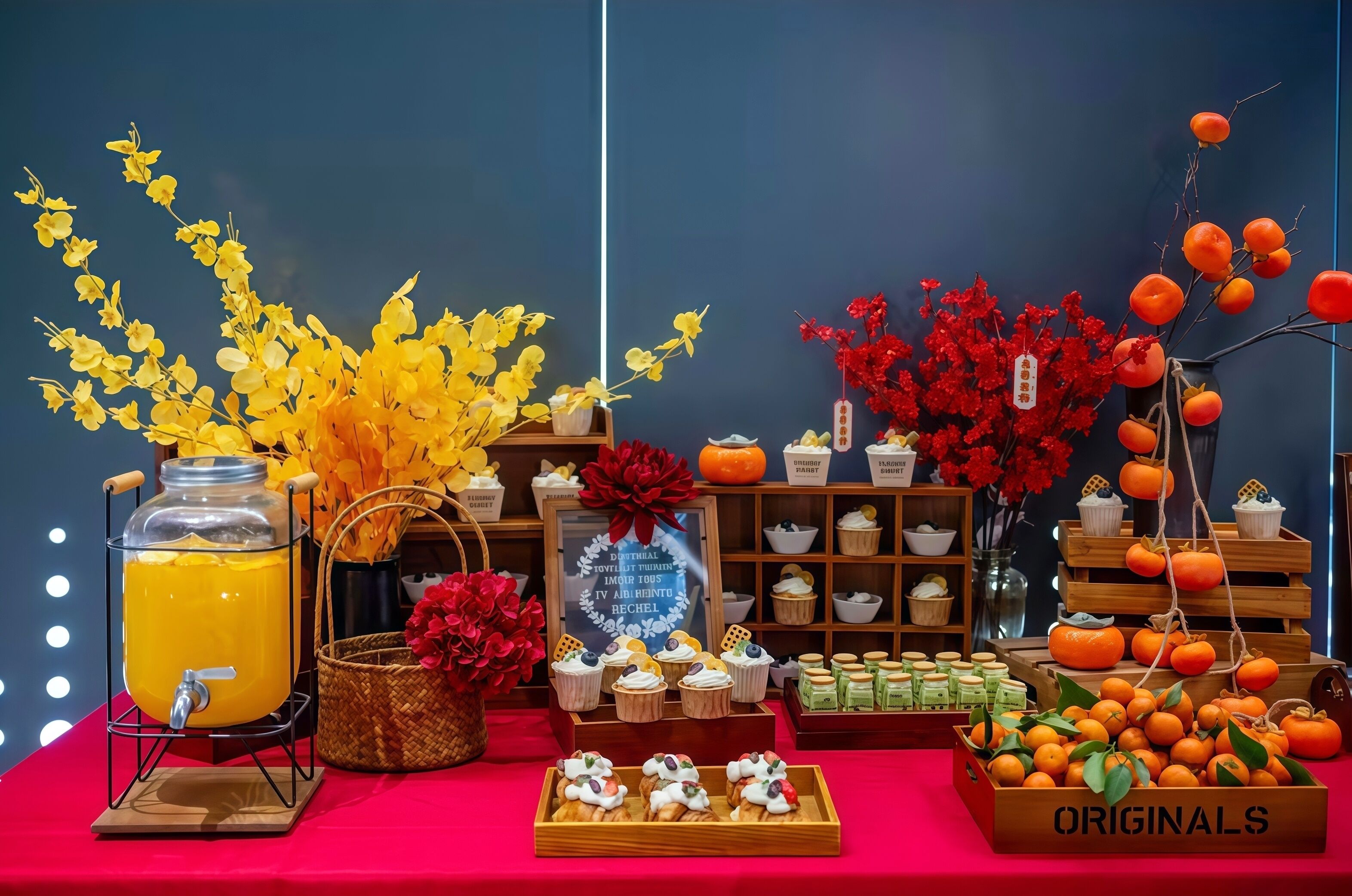 A table with food and drink options, including a drink dispenser, pastries, and a box of oranges.