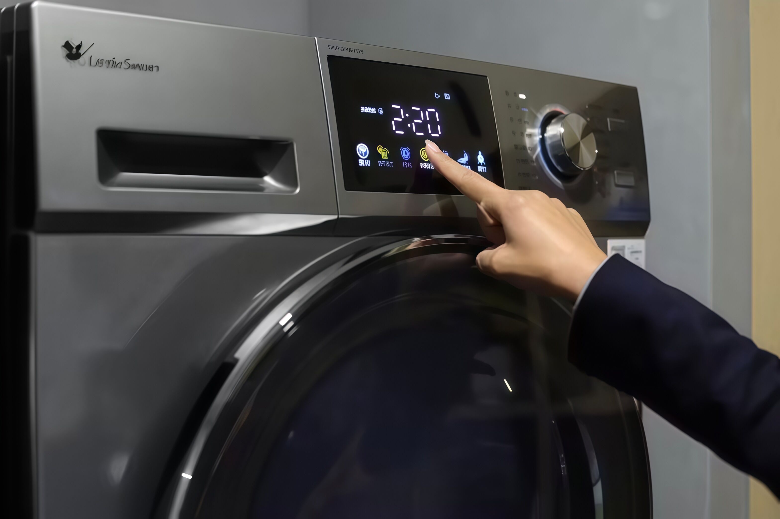 Una mano interactuando con el panel de control de una lavadora.