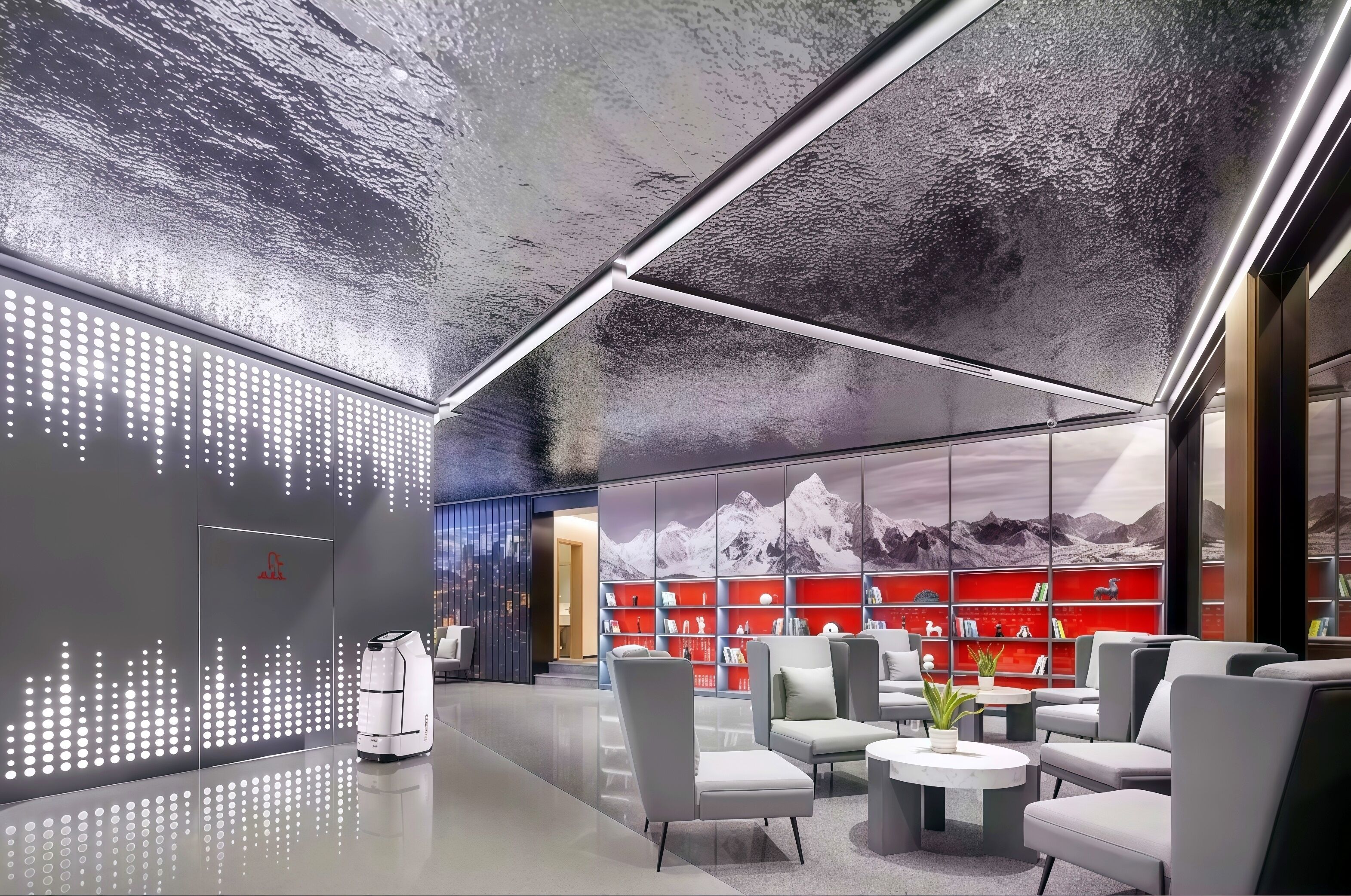 A modern interior with a reflective floor, seating area, and a wall with a mountain view.