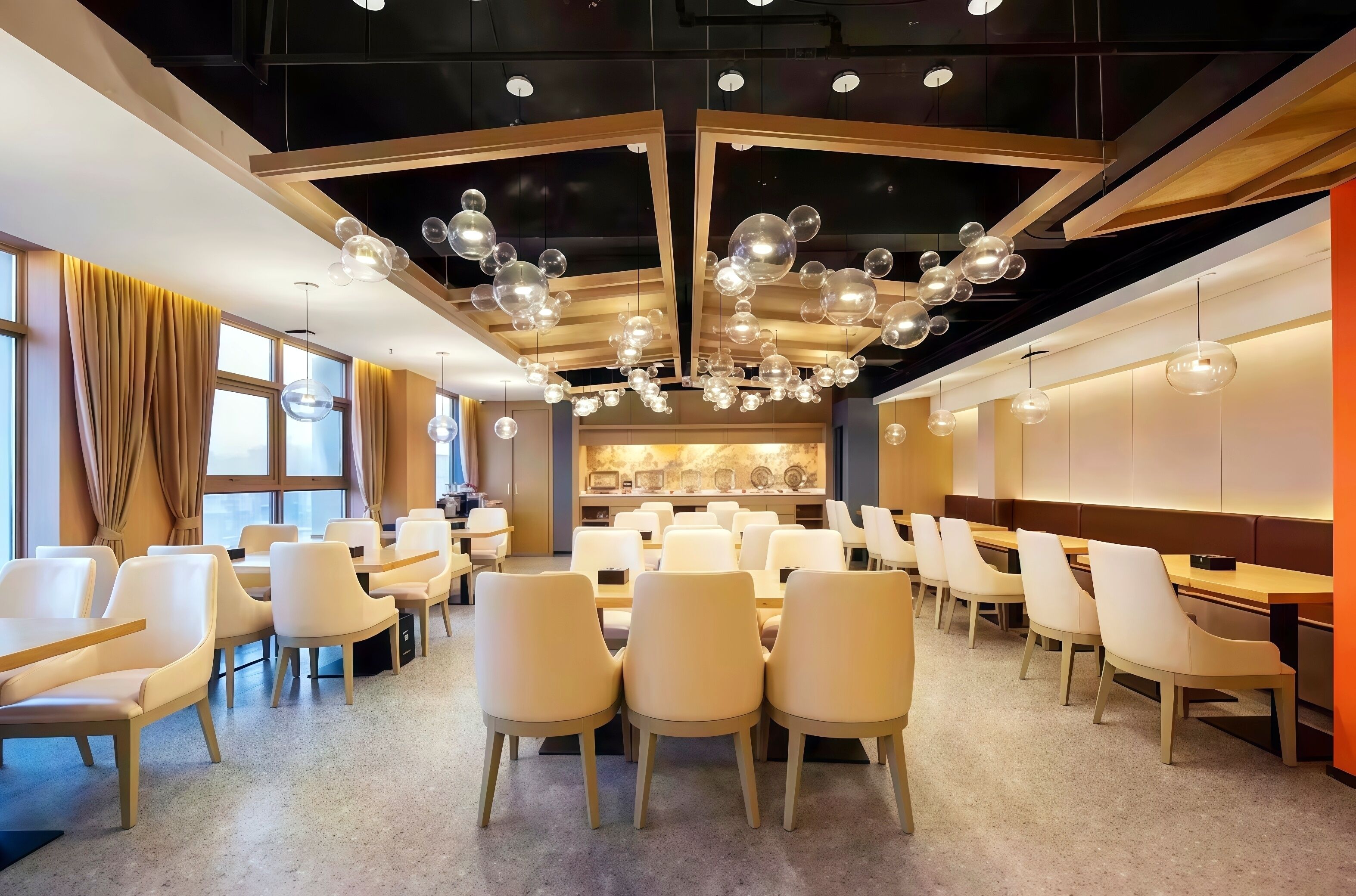 A modern dining area with round tables and chairs, a central chandelier, and a view of the city through large windows.