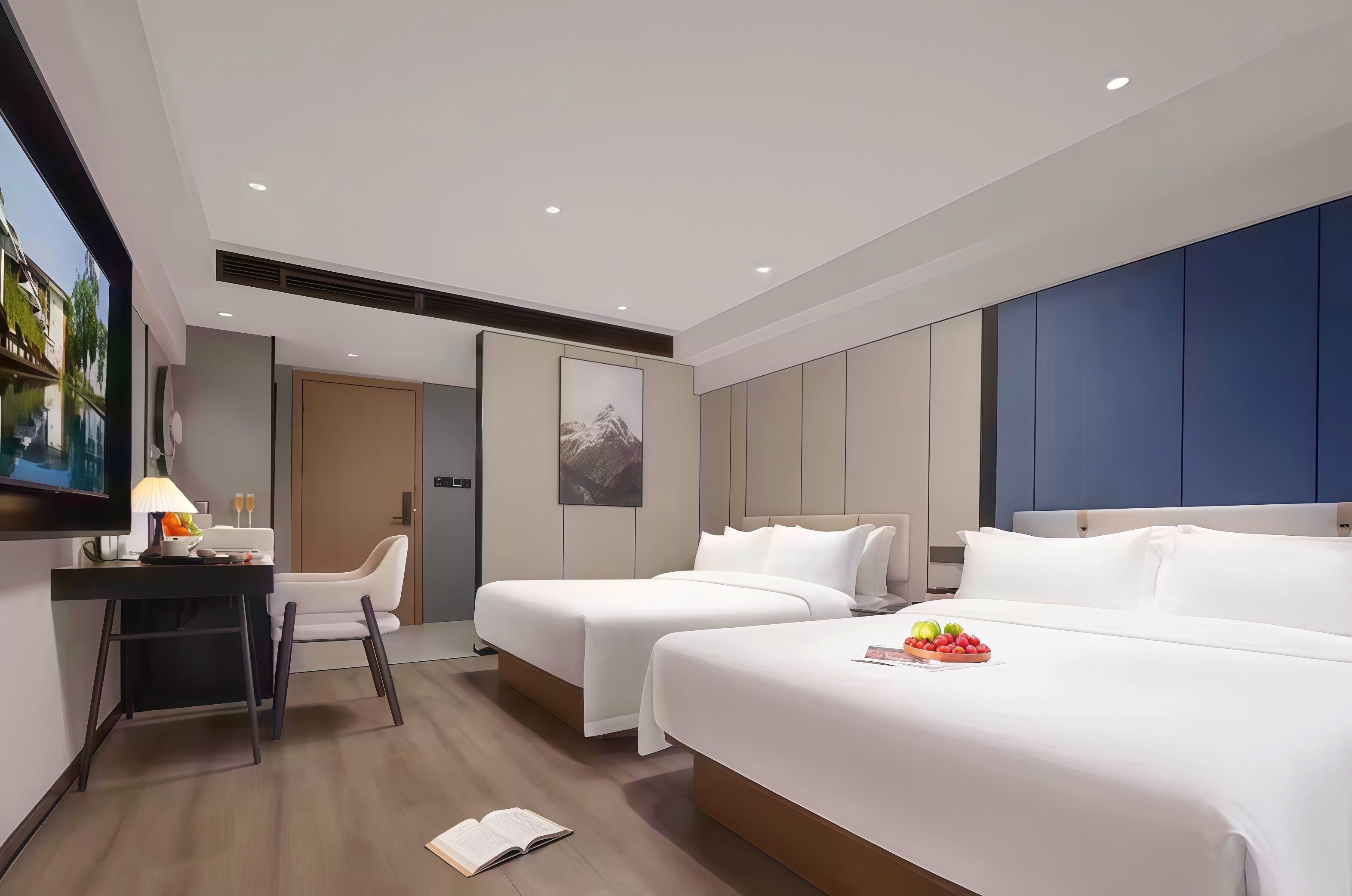 Premium bedding, down comforters, memory foam beds, desk