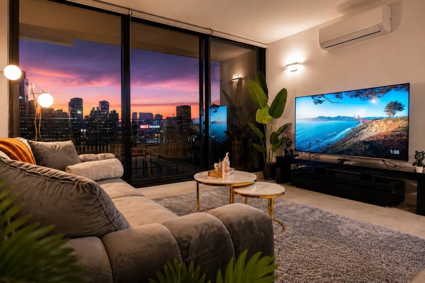 Un salon moderne doté d’un grand téléviseur, de sièges confortables et offrant une vue sur la ville.