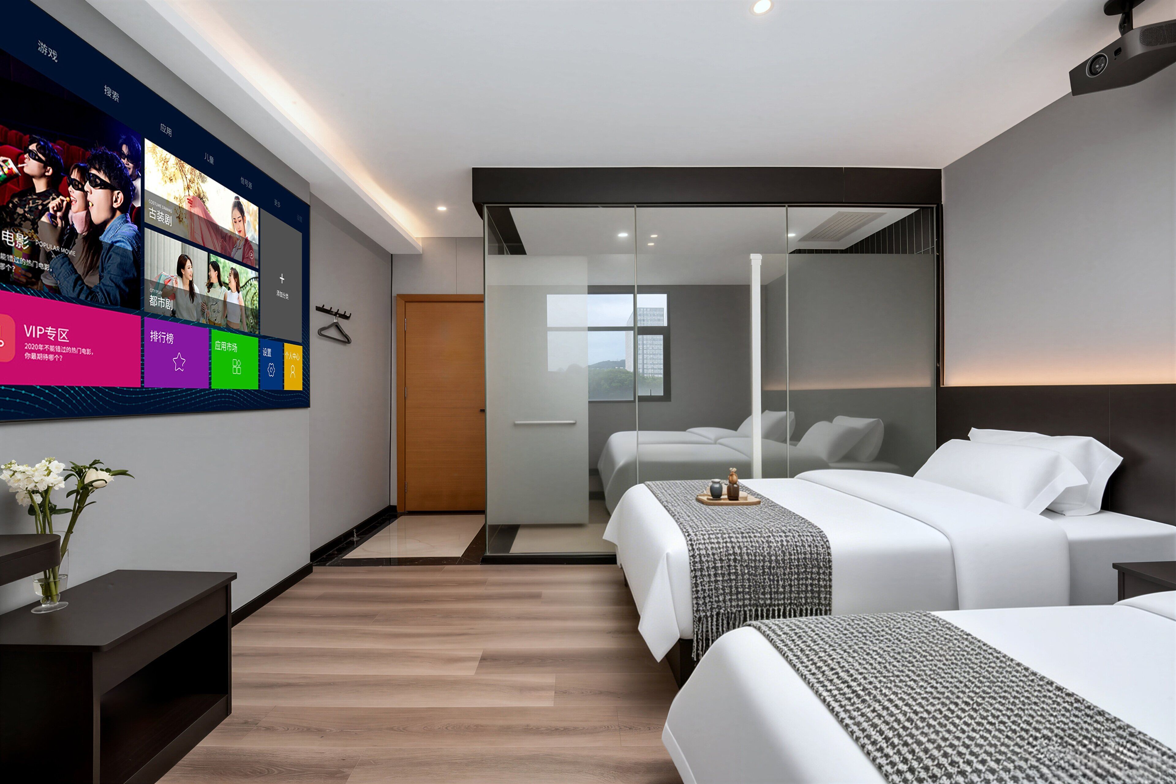 A modern hotel room with a large digital screen displaying movie options, a bed with a houndstooth throw, and a view of the city through a glass door.