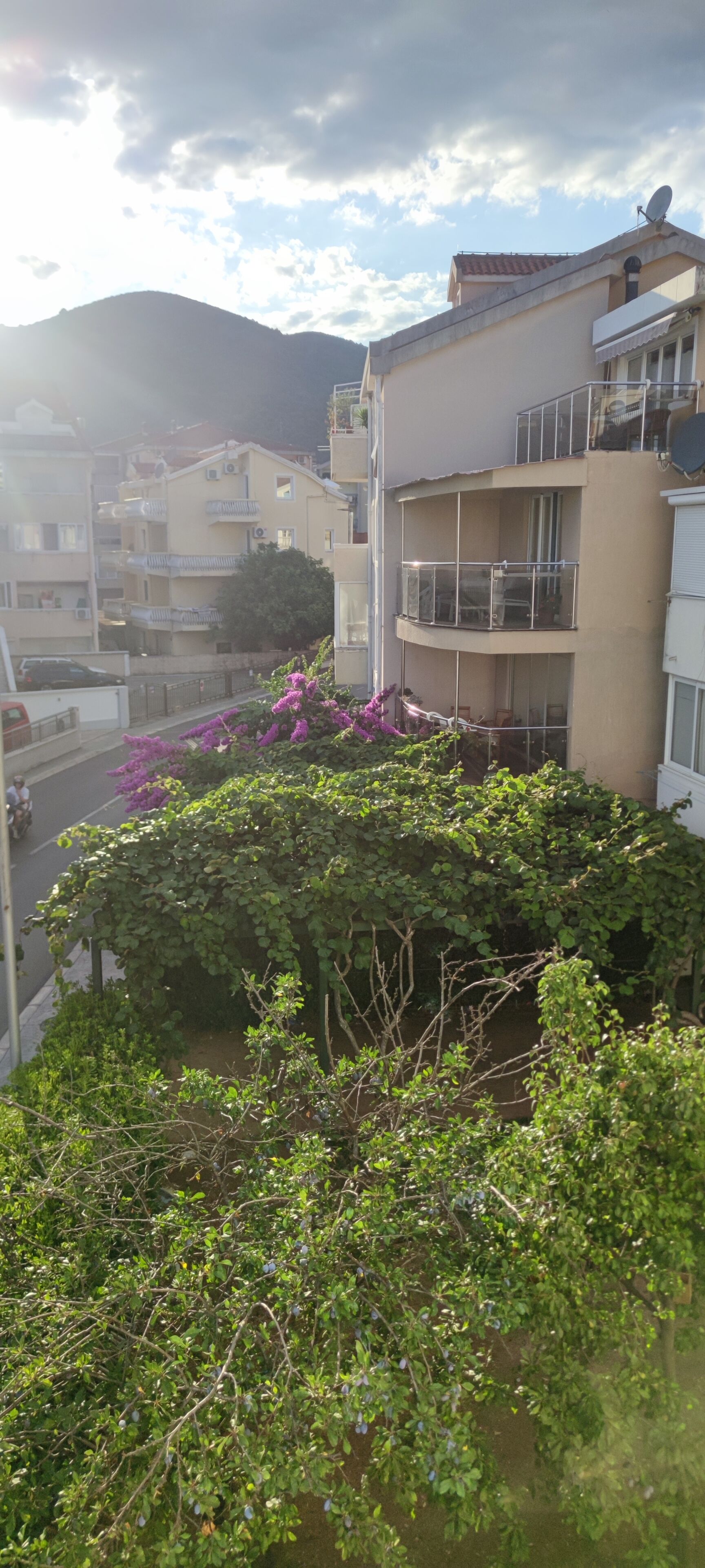 A residential building with balconies, a street in the foreground, and a mountain in the background.