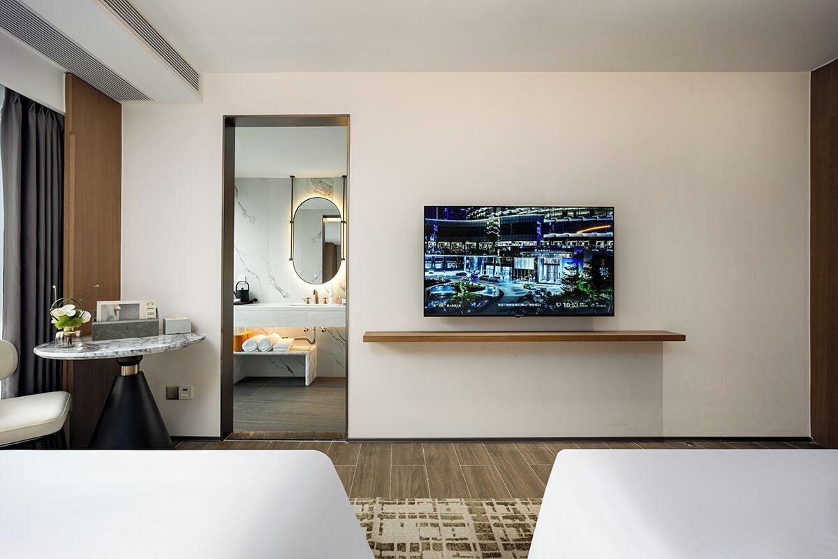 Chambre Exécutive avec lits jumeaux, vue ville | Literie de qualité supérieure, couette en duvet d'oie, surmatelas
