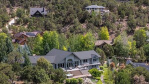 A large house surrounded by trees and a small garden.