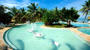 Piscina con agua cristalina, rodeada de palmeras y sillas de playa.