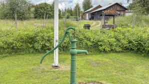 Een groene, ouderwetse waterpomp in een grasveld, met een houten huis op de achtergrond.