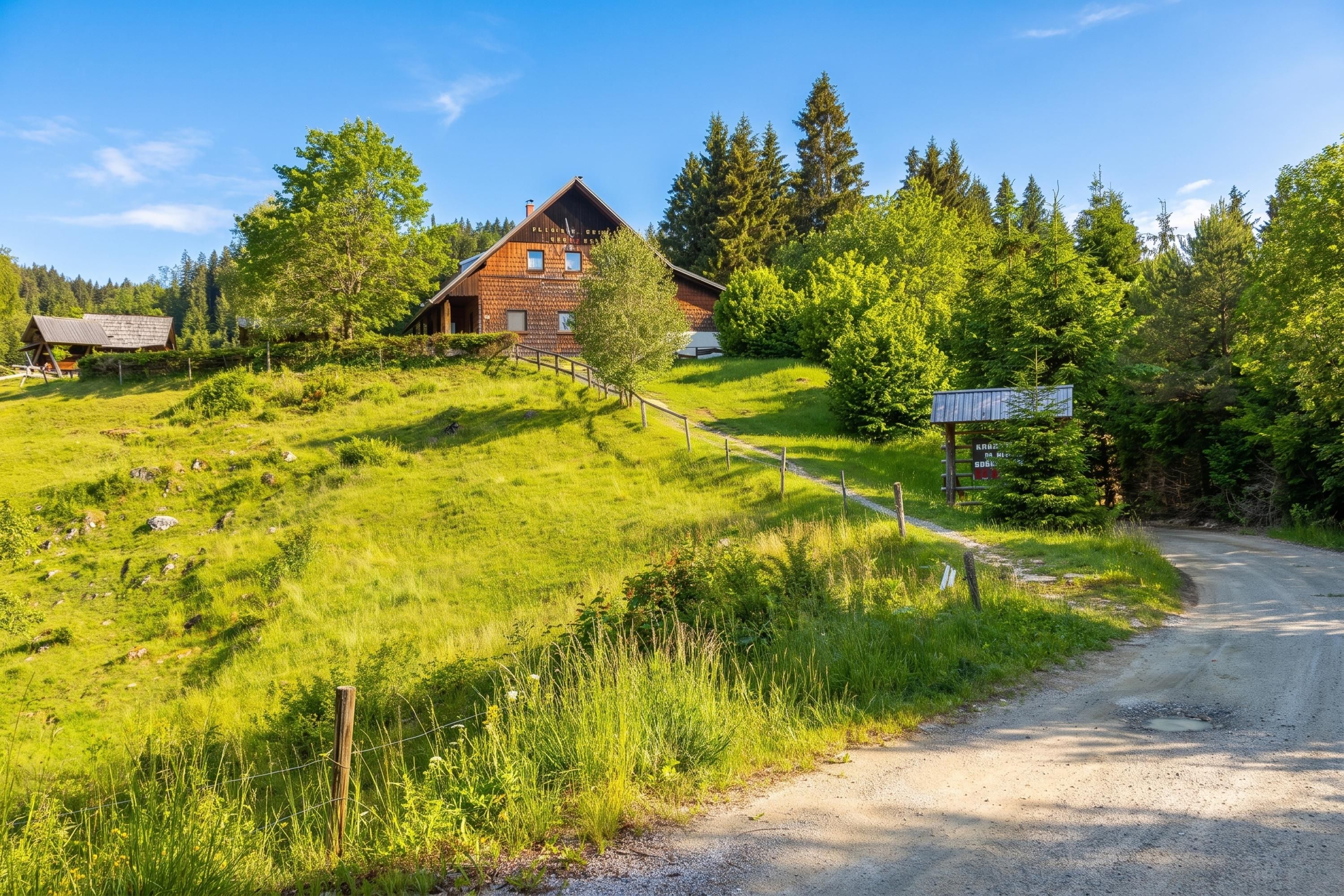 A wooden cabin with a sloped roof, surrounded by lush greenery and a gravel path leading to it.