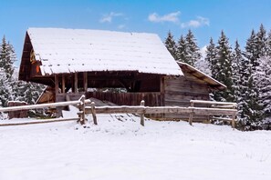 A wooden cabin with a sloped roof, surrounded by snow-covered trees. - Alpine Lodge Goska Ravan Rooms (Radovljica)