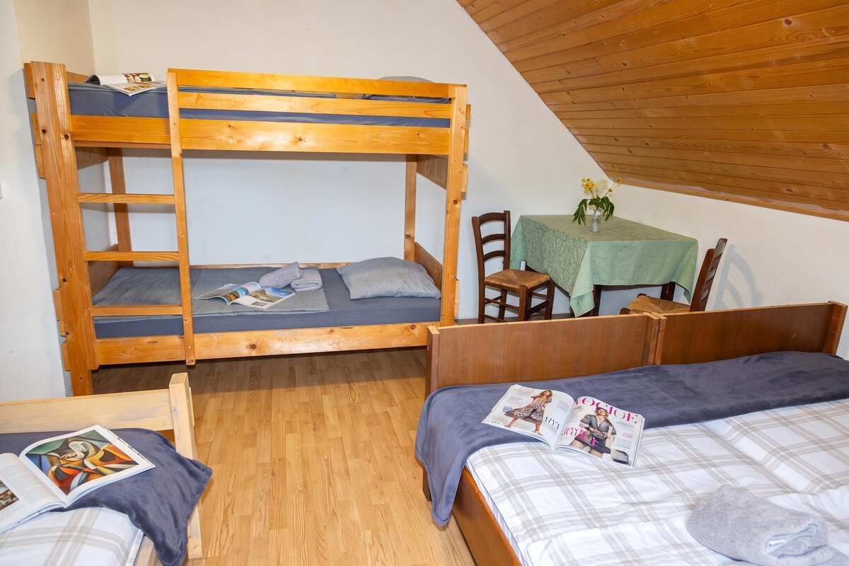 A dormitory room with bunk beds, a small table with a green tablecloth, and a chair.