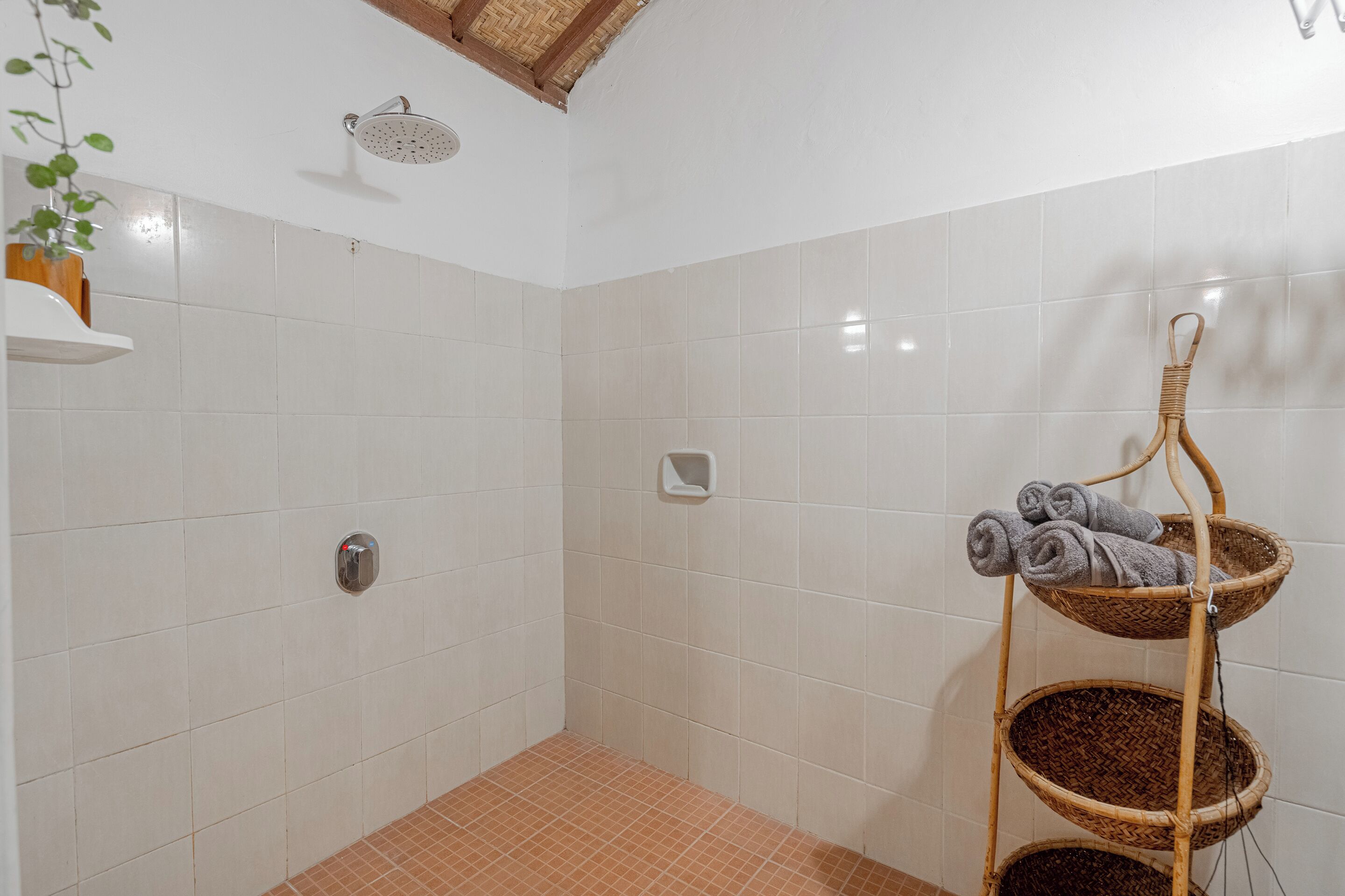 Un baño con azulejos blancos, una ducha con cabezal cromado, un perchero con toallas enrolladas y una planta en maceta a la izquierda.