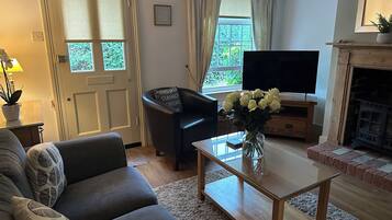 Un salon comprenant un canapé, une table basse, un téléviseur, une cheminée et une fenêtre avec des rideaux.