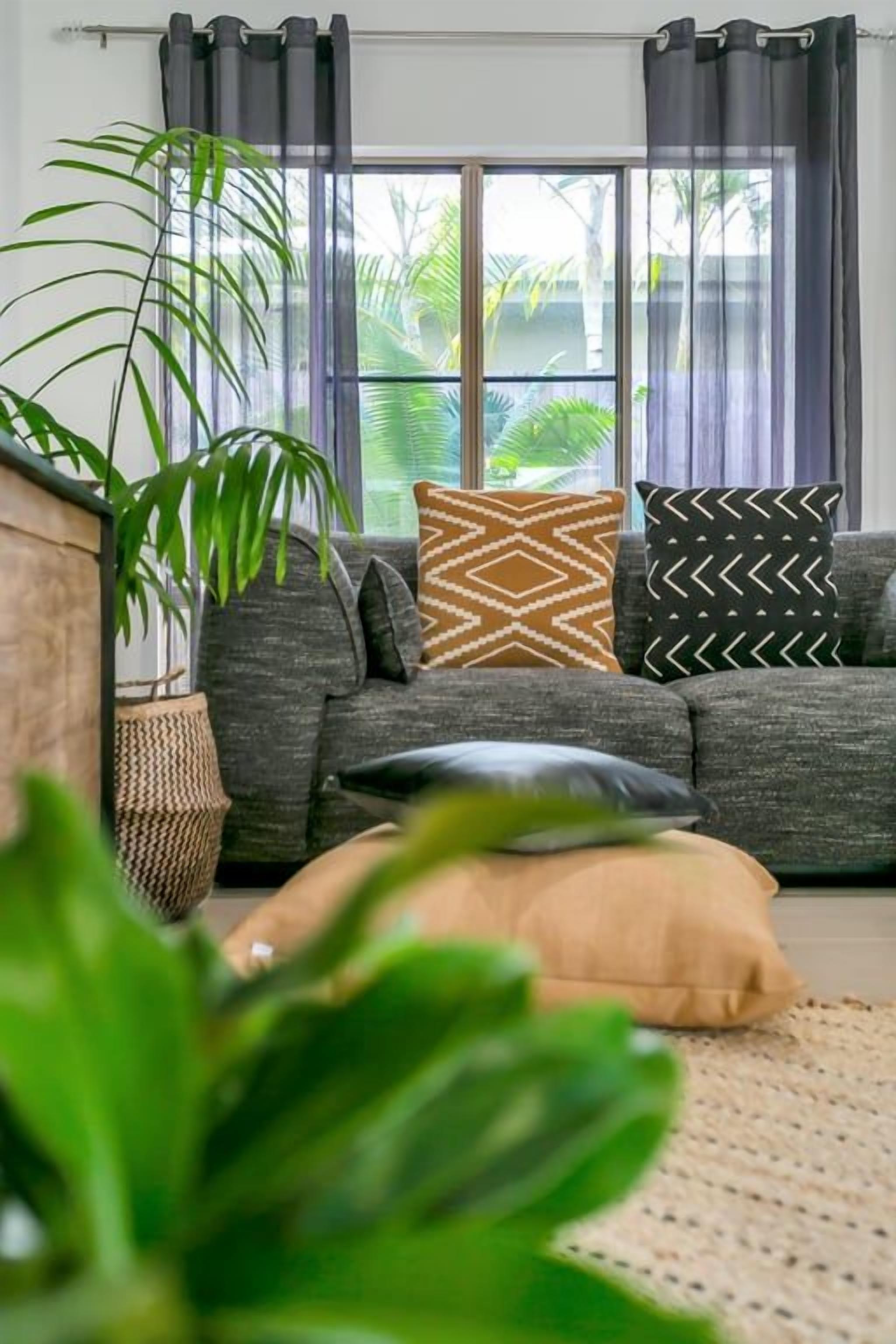 A living room with a grey sofa, patterned cushions, a woven basket, and a large green plant.