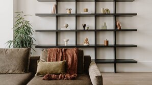 En moderne stue med en mørk træreol op ad en ensfarvet væg, en brun sofa med puder og en grøn plante.