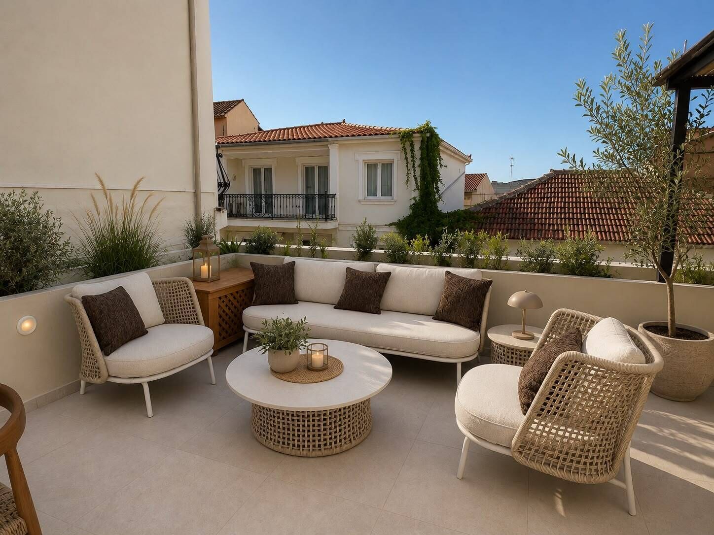 A balcony with a sofa set, wicker chairs, a round table, and a potted plant.