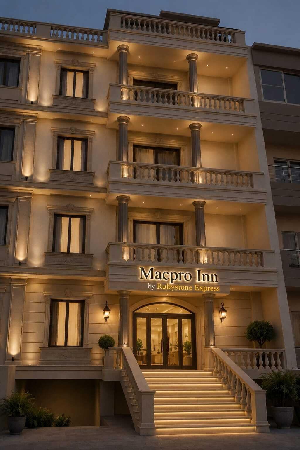 Un hôtel à plusieurs étages, doté d’une entrée imposante, de balcons et d’une enseigne indiquant qu’il s’agit d’un Macpro Inn, une filiale de Rubystone Express.