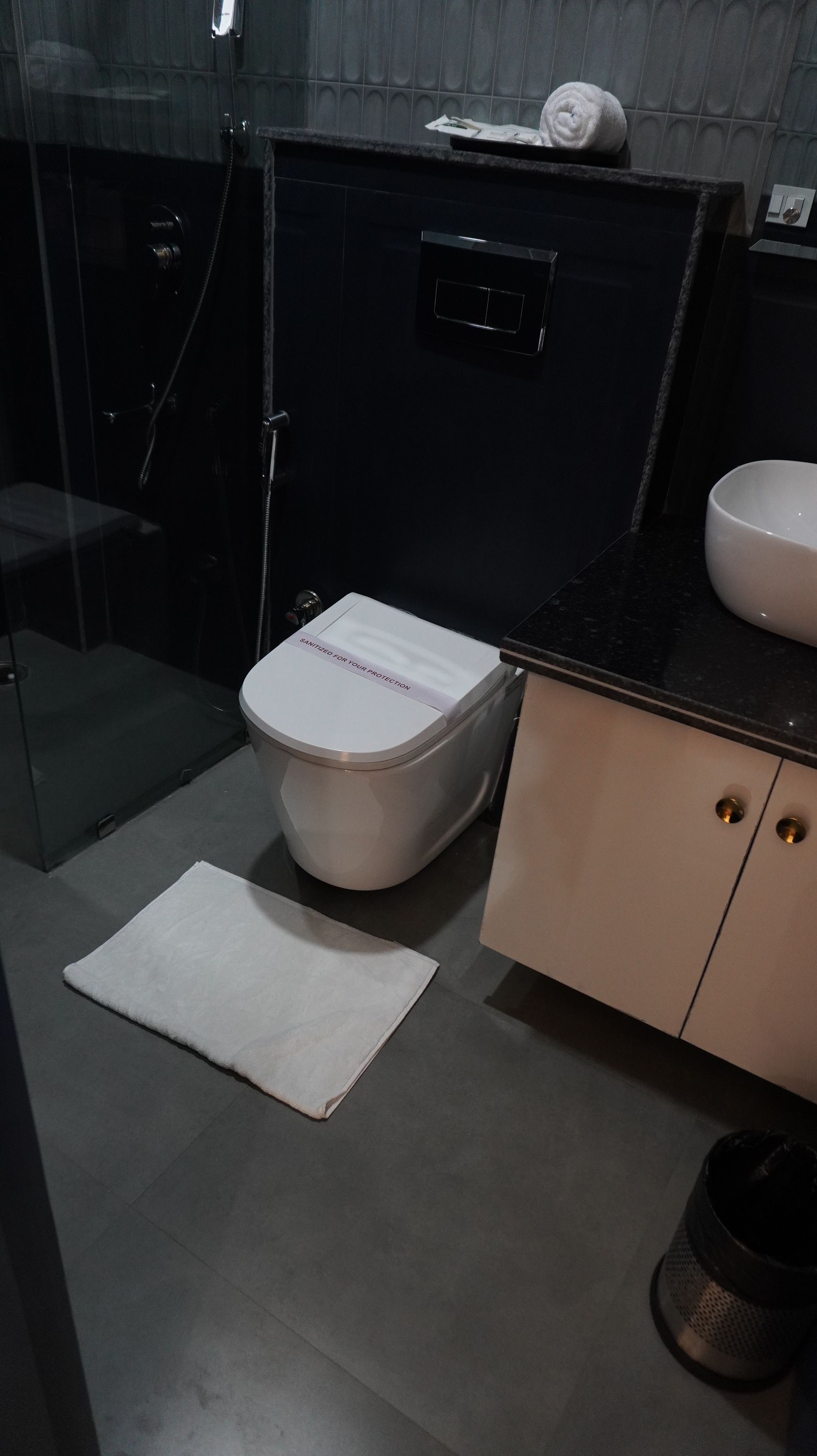 A modern bathroom with a toilet, a sink, and a shower area.