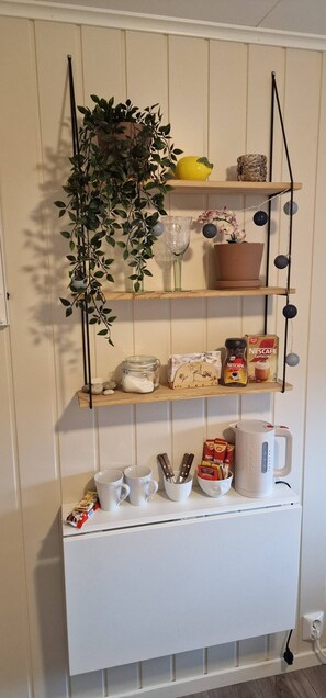 A kitchen shelf with various items including a potted plant, a lemon, a glass jar, a coffee maker, and some packaged food.