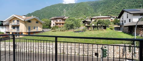 A residential area with houses, a clear sky, and a mountain in the background.