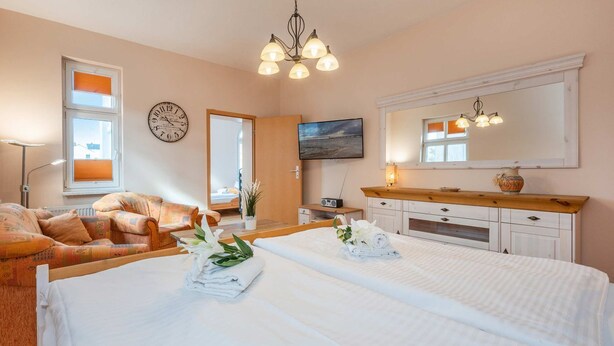 A hotel room with a bed, a sofa, a TV, a clock, and a mirror. - Holtz 1 Vacation Rental with a barbecue area in the garden and a lawn for sunbathing - Dogs are (Zinnowitz)