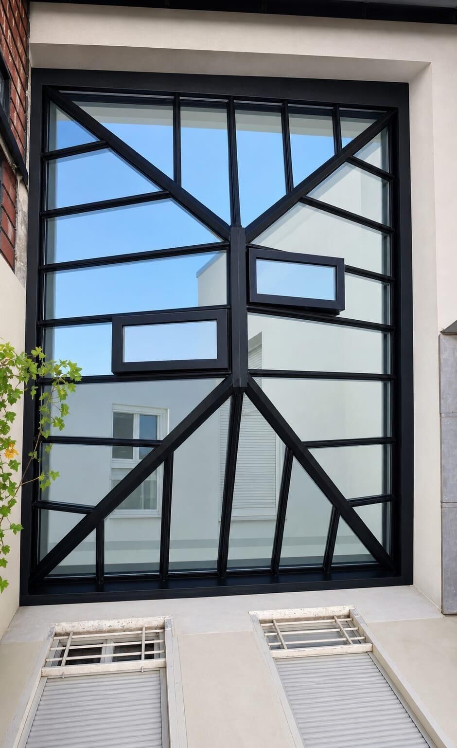 Fachada moderna de edificio con un amplio ventanal de marco negro y dos pequeñas aberturas de ventilación debajo.