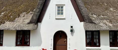 A traditional white building with a thatched roof, a central door, and two flower pots on either side.