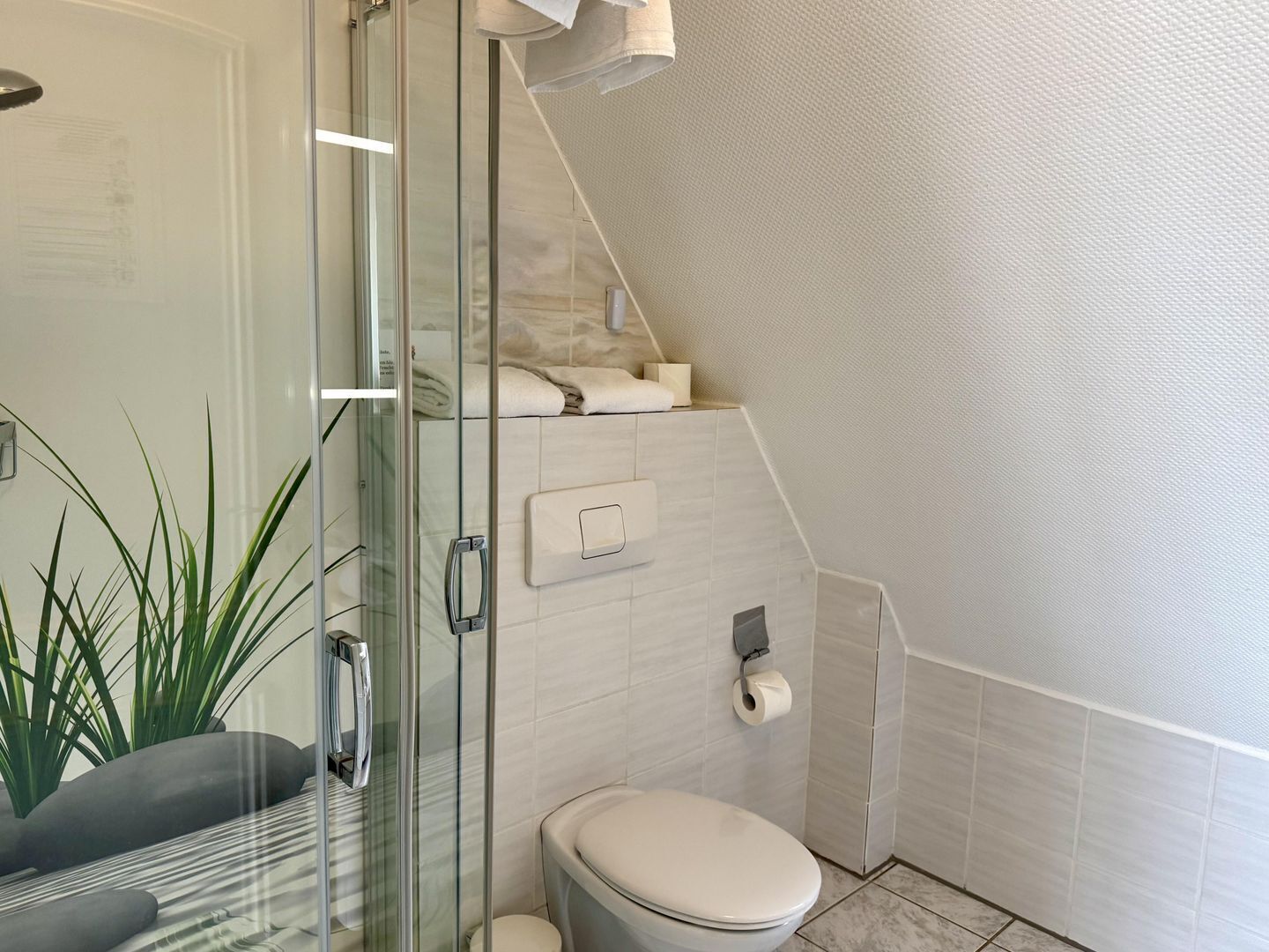 A modern bathroom with a glass shower enclosure, a toilet, and a towel rack.