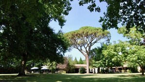 A park with a large tree, a grassy area, and a building with a roof. - The four Oaks rural holiday (Le Fleix)